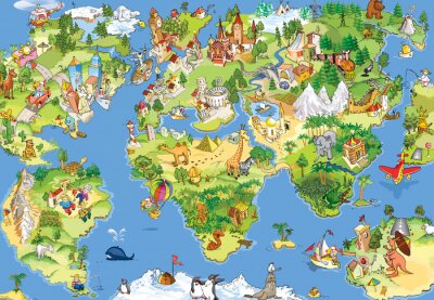 Papier peint  Carte du monde pour enfants avec des monuments