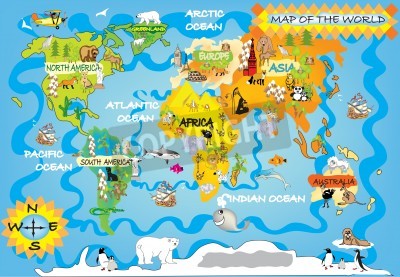 Papier peint  Carte du monde pour enfants avec les animaux des continents