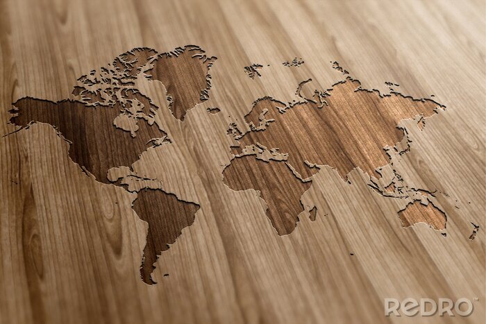 Papier peint  Carte du monde sculptée sur bois