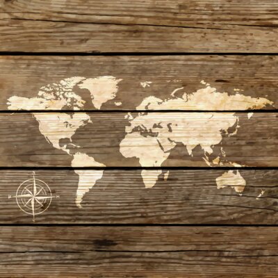 Papier peint  carte du monde sur un vecteur de planche de bois