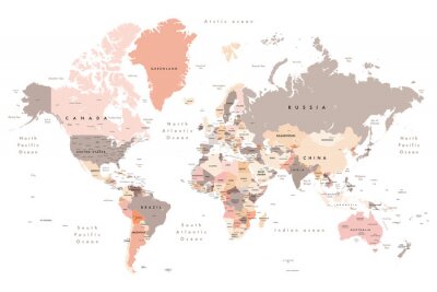 Papier peint  carte du monde - toutes les couches soulignées stars-Colorful Illustration d'une carte du monde indiquant les noms de pays, les noms d'états (États-Unis et Australie), les capitales, les principaux la