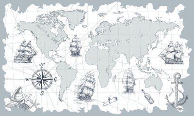Carte du monde vecteur dessiné main avec boussole, ancre et voiliers dans le style vintage. Parfait pour les textiles, le papier peint et les impressions