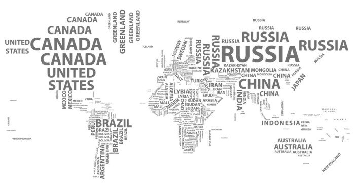 Papier peint  Carte du monde vectoriel avec noms de pays en typographie