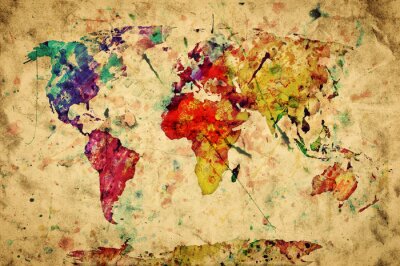 Papier peint  Carte du monde vintage. Peinture colorée, aquarelle sur papier grunge