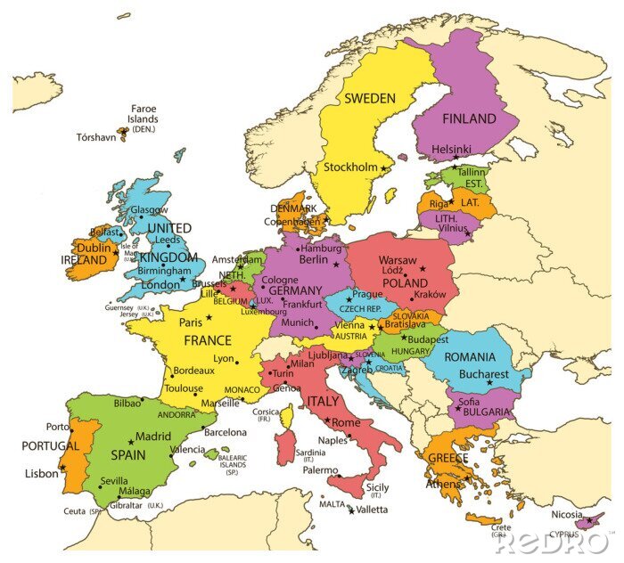 Papier peint  Carte du syndicat l'Europe avec les pays et les villes