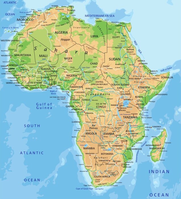 Papier peint  Carte haut Afrique détaillée physique avec l'étiquetage.