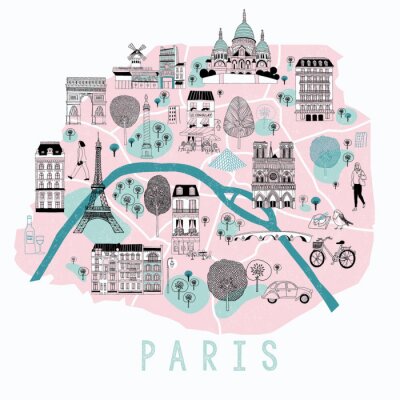 Papier peint  Carte illustrée de Paris avec des symboles légendaires