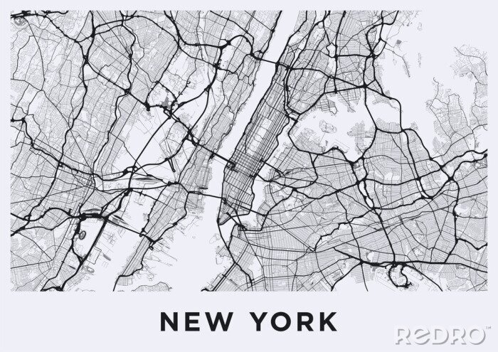 Papier peint  Carte lumineuse de la ville de New York. Carte routière de New York (États-Unis). Illustration en noir et blanc (lumière) des rues de new york. Réseau de transport de la Big Apple. Format affiche impr
