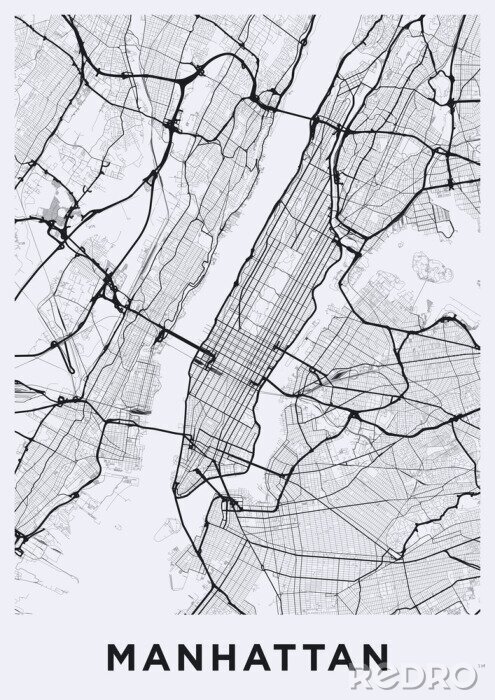 Papier peint  Carte lumineuse de Manhattan (New York). Carte routière de Manhattan (NYC). Illustration en noir et blanc (lumière) des rues de Manhattan. Réseau de transport de Manhattan. Format affiche imprimable (