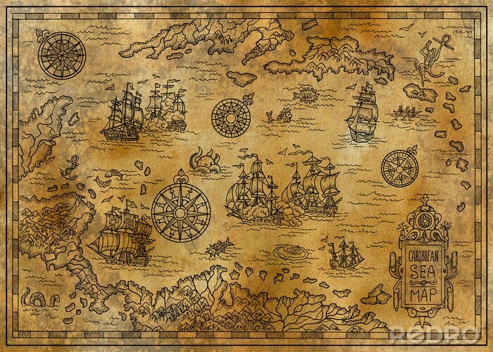 Papier peint  Carte nautique rétro avec bateaux et motifs fantastiques