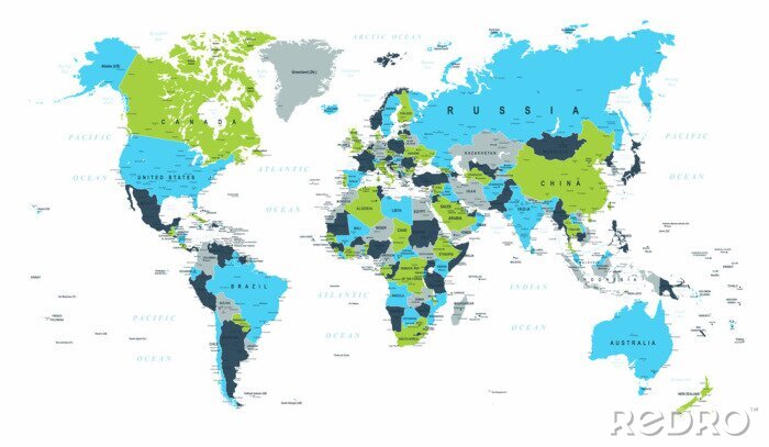 Papier peint  Carte politique du monde avec une prédominance de bleu et de vert