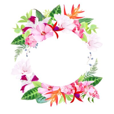 Papier peint  Carte ronde de conception de vecteur de fête de plage. Fleurs tropicales exotiques Hibiscus, medinilla, orchidée, hortensia, fleur de strelitzia orange oiseau de paradis, fuchsia rouge. Tous les éléme