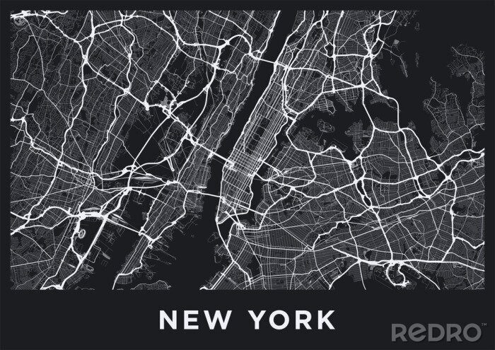 Papier peint  Carte sombre de la ville de New York. Carte routière de New York (États-Unis). Illustration noir et blanc (sombre) des rues de new york. Réseau de transport de la Big Apple. Format affiche imprimable 
