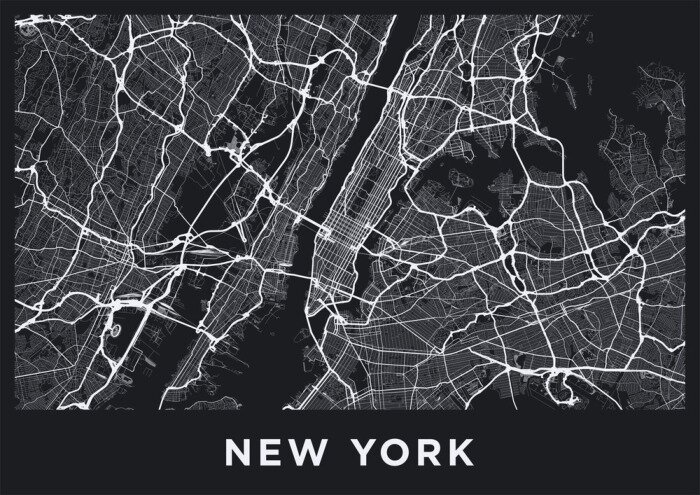 Papier peint  Carte sombre de la ville de New York. Carte routière de New York (États-Unis). Illustration noir et blanc (sombre) des rues de new york. Réseau de transport de la Big Apple. Format affiche imprimable 