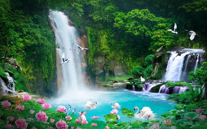 Papier peint  Cascade et cygnes 3D