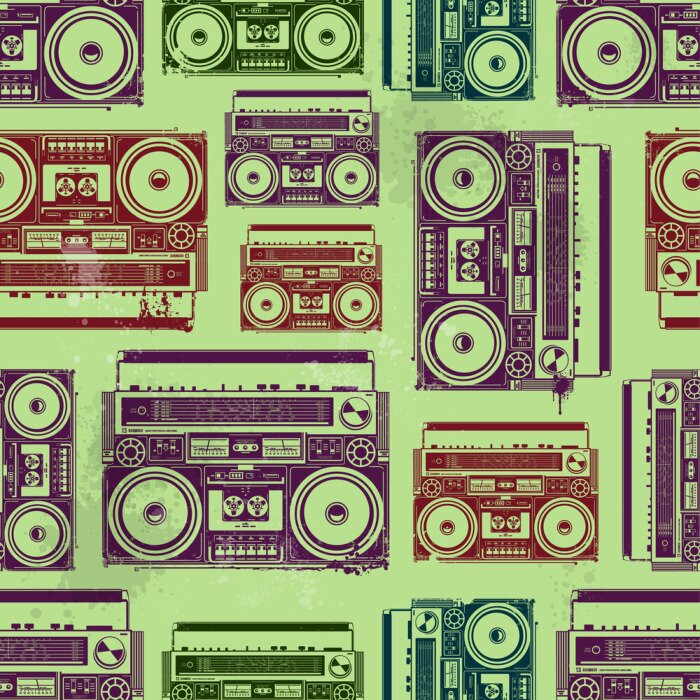 Papier peint  Cassettes rétro sur fond vert