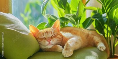 Papier peint  Cat fast asleep in a funny pose on a chair in a green home, resting peacefully near a potted strelitzia plant, capturing the comfort and carefree nature of its sleep