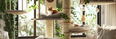 Papier peint  Cat is fast sweet asleep on a chair in a funny pose in green home near potted plant strelitzia, Comfortable carefree sleep of an animal close-up.
