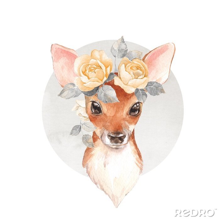 Papier peint  Cerf avec une guirlande de roses