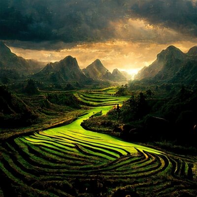 Champs verts et montagnes vietnamiennes