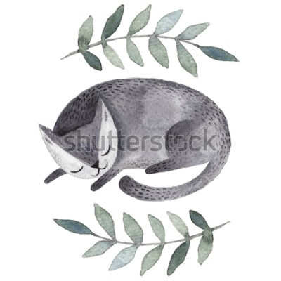 Papier peint  Chat endormi et feuilles vertes