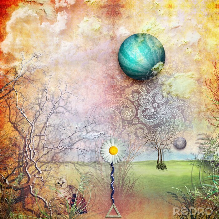 Papier peint  Chat et marguerite dans le jardin