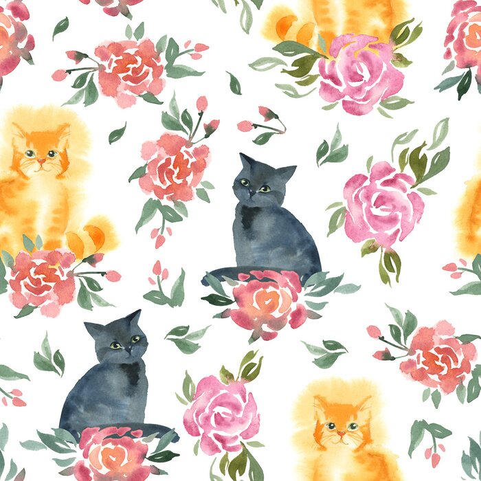 Papier peint  Chats et roses aux couleurs pastels