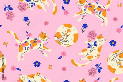 Papier peint  Chats roux avec des fleurs