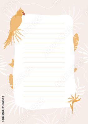 Papier peint  Check, to do list, planner template. Blank sheet with tropic flowers, parrot. Summer illustration with cockatoo and strelitzia. Agenda, schedule, notebooks, cards, stationery hawaiian design.