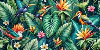 Papier peint  Cheerful Tropical Paradise Beach Wallpaper: Palm Leaves, Birds, Strelitzia & Plumeria Flowers Watercolor Illustration