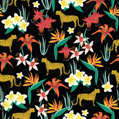 Papier peint  Cheetah and exotic flowers seamless vector pattern. Tropical Frangipani, Plumeria, Lily, Fuchsia, Strelitzia reginae, Bird of Paradise Flower and African wildcat on a black background. Summer design. 