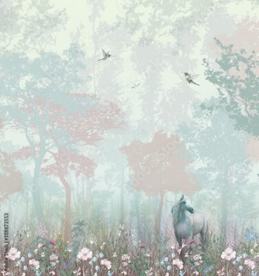 Papier peint  Cheval dans un pré avec des arbres abstraits en arrière-plan