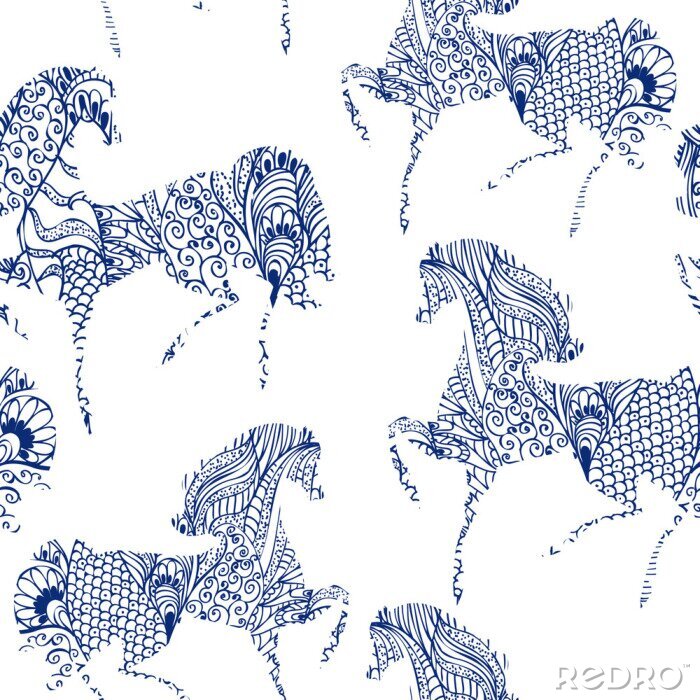 Papier peint  Chevaux blancs et bleus à motifs