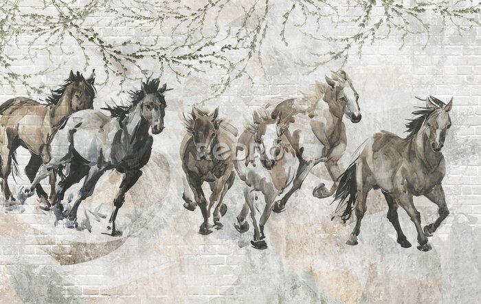 Papier peint  Chevaux peints sur un mur en briques