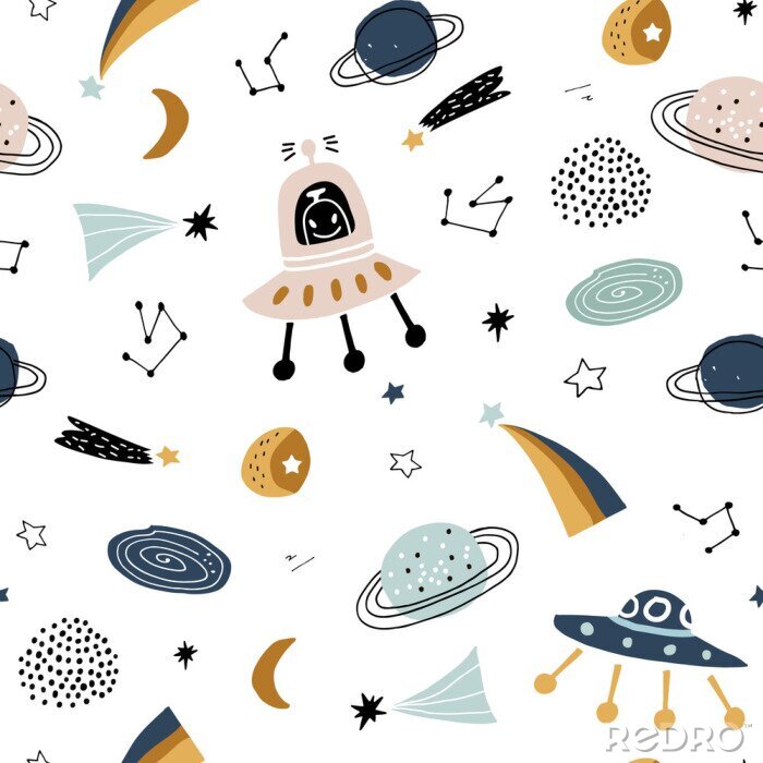 Papier peint  Childish seamless pattern with aliens, ufo in cosmos. Trendy scandinavian vector background. Perfect for kids apparel,fabric, textile, nursery decoration,wrapping paper