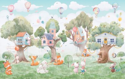 Papier peint  Childish watercolor illustration with animals and balloons. Can be used for wallpapers, postcards,