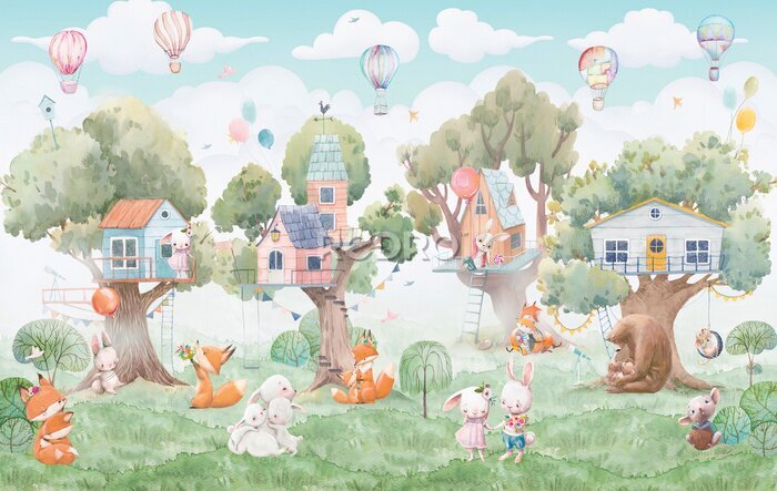 Papier peint  Childish watercolor illustration with animals and balloons. Can be used for wallpapers, postcards,