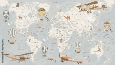 Papier peint  children's retro world map with animals, balloons, airplanes on a gray background