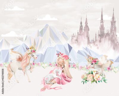 Papier peint  Children's wallpaper. Wallpaper for girls. Princess with unicorns.