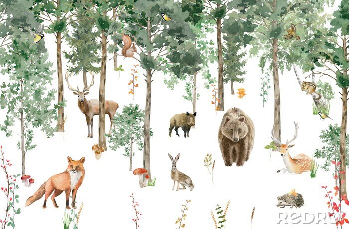 Papier peint  Children's wallpaper. Watercolor forest with animals.