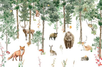 Papier peint  Children's wallpaper. Watercolor forest with animals.