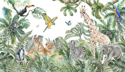 Papier peint  Children's wallpaper, watercolor jungle and animals. Lions, giraffe, elephant, parrots, zebra, lemur