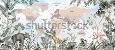 Papier peint  Children's world map. World map with the names of countries in Russian. Russia, America, Africa, Australia, Europe, Antarctica. A drawn map of the world with animals.