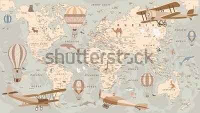 Papier peint  childrens retro world map with animals airplanes and balloons