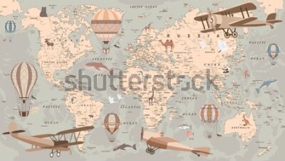 Papier peint  childrens retro world map with balloons and animals Wallpaper Background