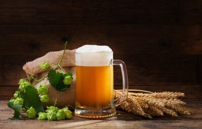 Chope de bière au houblon vert et épis de blé