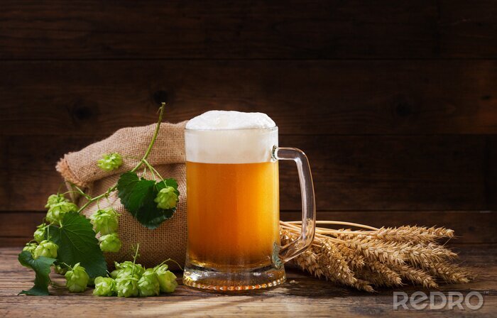 Papier peint  Chope de bière au houblon vert et épis de blé