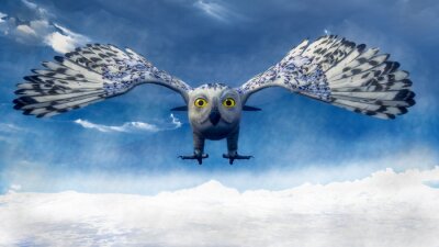 Chouette 3D en vol avec un ciel bleu en arrière-plan