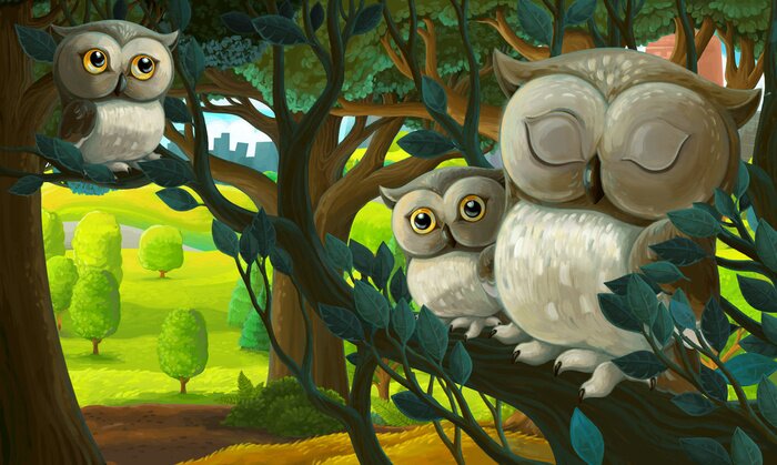 Papier peint  Chouettes assises sur une branche comme dans un dessin animé