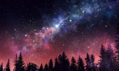 Papier peint  Ciel étoilé au-dessus d'une forêt sombre